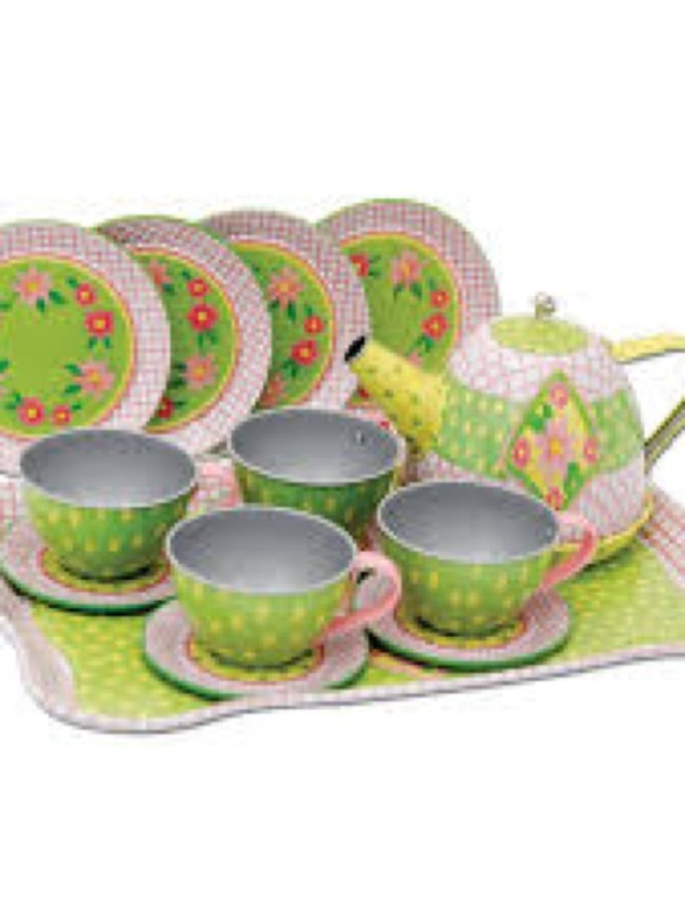 Schilling Green Floral Kids tin Tea Set with Pink Accents